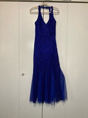 Candalite Royal Blue Sequin Lace Halter Full Length Evening Gown Mesh Insets Hem